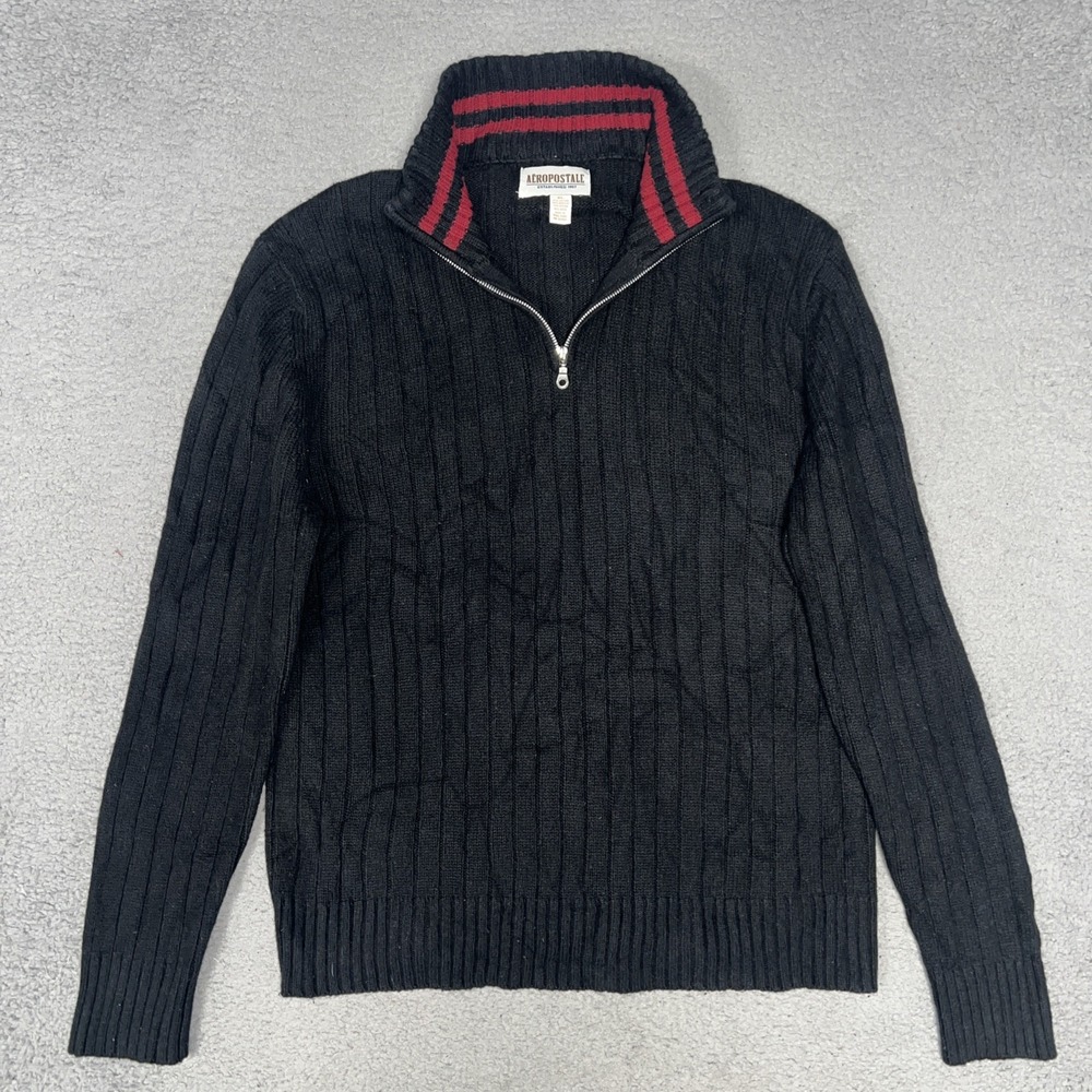 VTG Aeropostale Sweater Men Sz XL Black Wool Blend Mock Neck 1/4 Zip Ribbed Knit